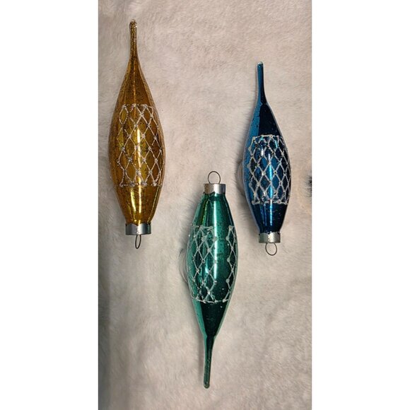 Vintage Mercury Glass Teardrop Icicle Stenciled Christmas Ornaments - Picture 1 of 10